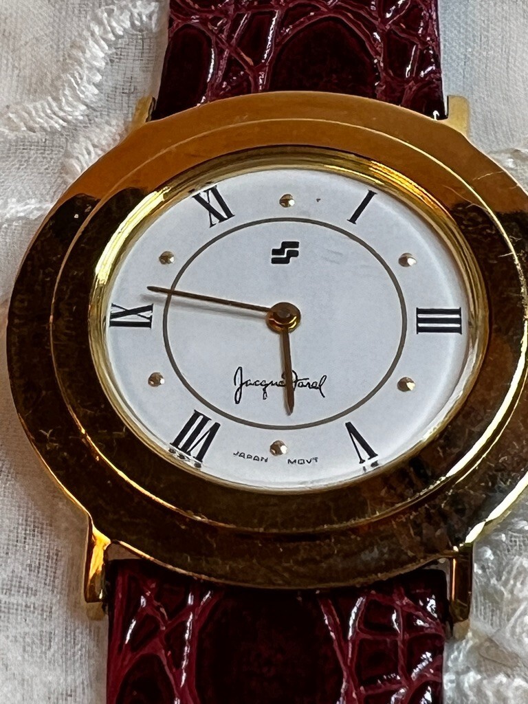Vintage Jacques Farel Quartz Watch Gold Case White Face Leather Band Watch BB
