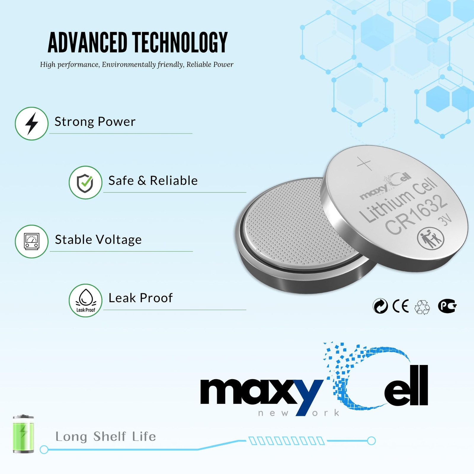 MaxyCell CR1632 Lithium Coin Cell Battery 3V High-Capacity 6 Pack