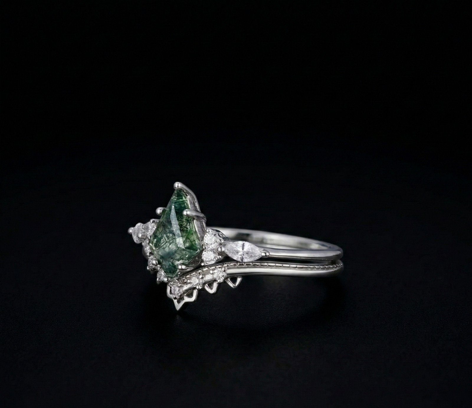 Kite Cut Moss Agate Engagement Ring, Sterling Silver Art Deco Bridal Set
