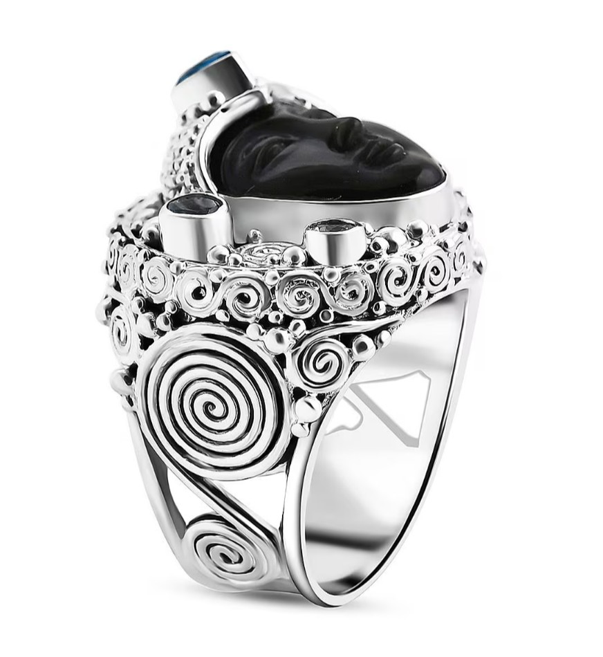 Sajen Rainbow Obsidian Carved Goddess MultiGemstone Sz6 Ring 925 Silver 8.00ctw