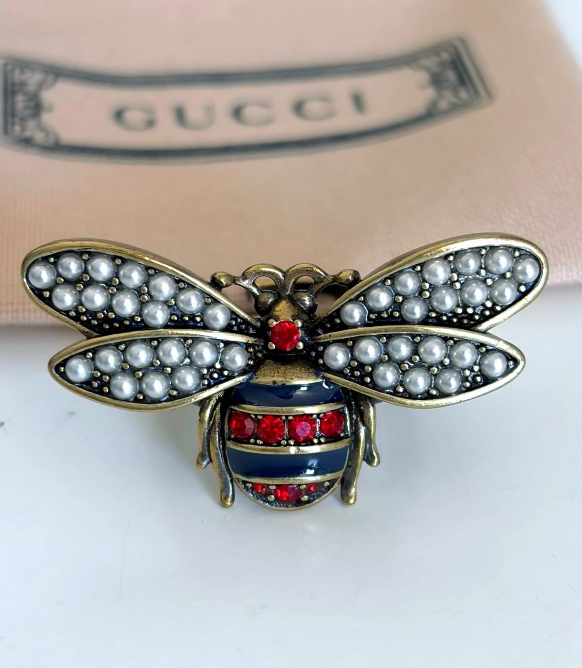 Vintage Gucci Bee Crystal Faux Pearl Adjustable Ring Gold Tone Italy US7.5