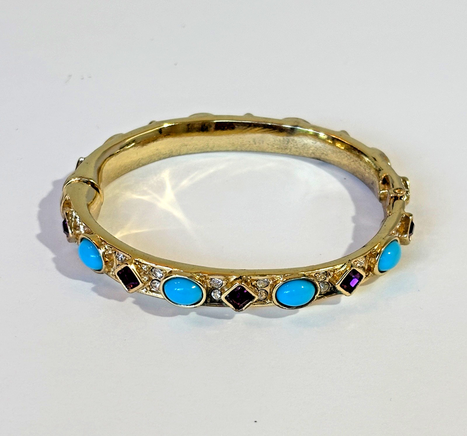 Kenneth Jay Lane Amethyst Faux Turquoise Cabochon Hinged Bracelet Gold Plate KJL