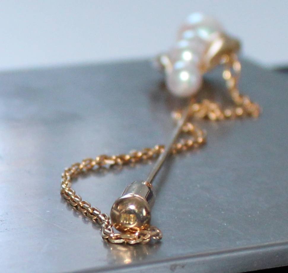 18K Gold & 4 Pinkish Pearls Stick Pin / Brooch 3.3 Grams 3 1/2″ Long