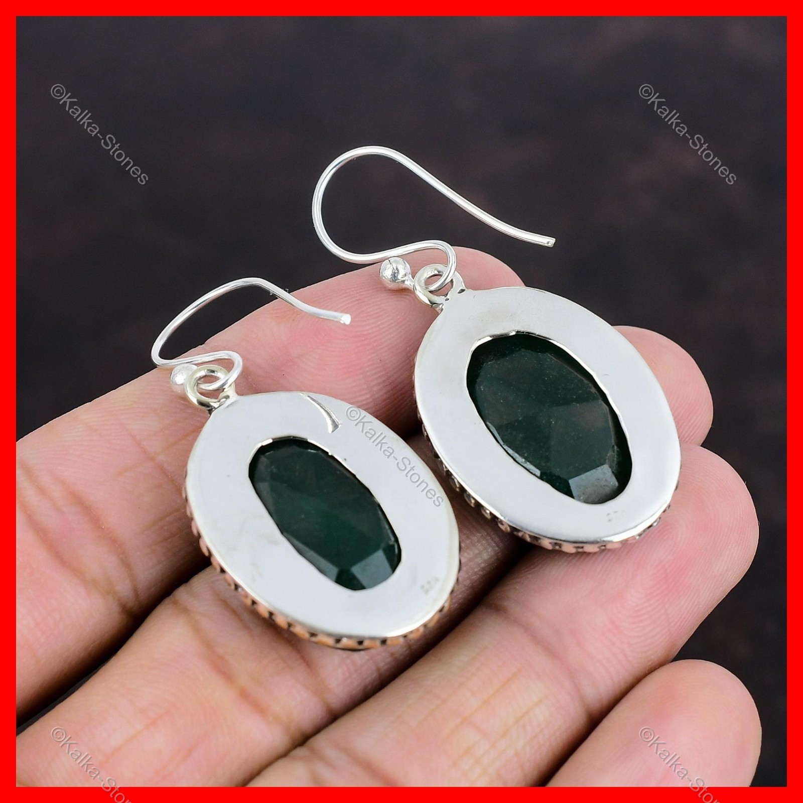 925 Sterling Silver Zambian Emrald Stone Dangling Ethnic Bezel Vintage Earrings