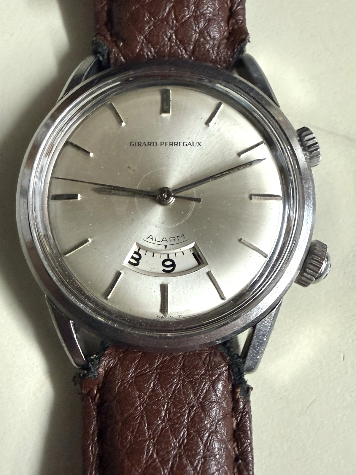 VINTAGE GIRARD PERREGAUX ALARM STAINLESS STEEL MANUAL WIND AS 1475 SWISS WATCH