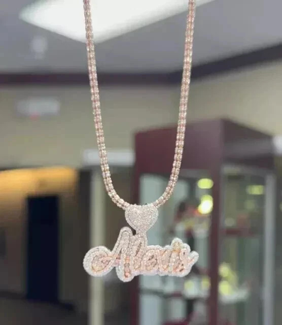 Real Moissanite 3Ct Round Cut Custom Name Charm Pendant 14K Rose Gold Plated