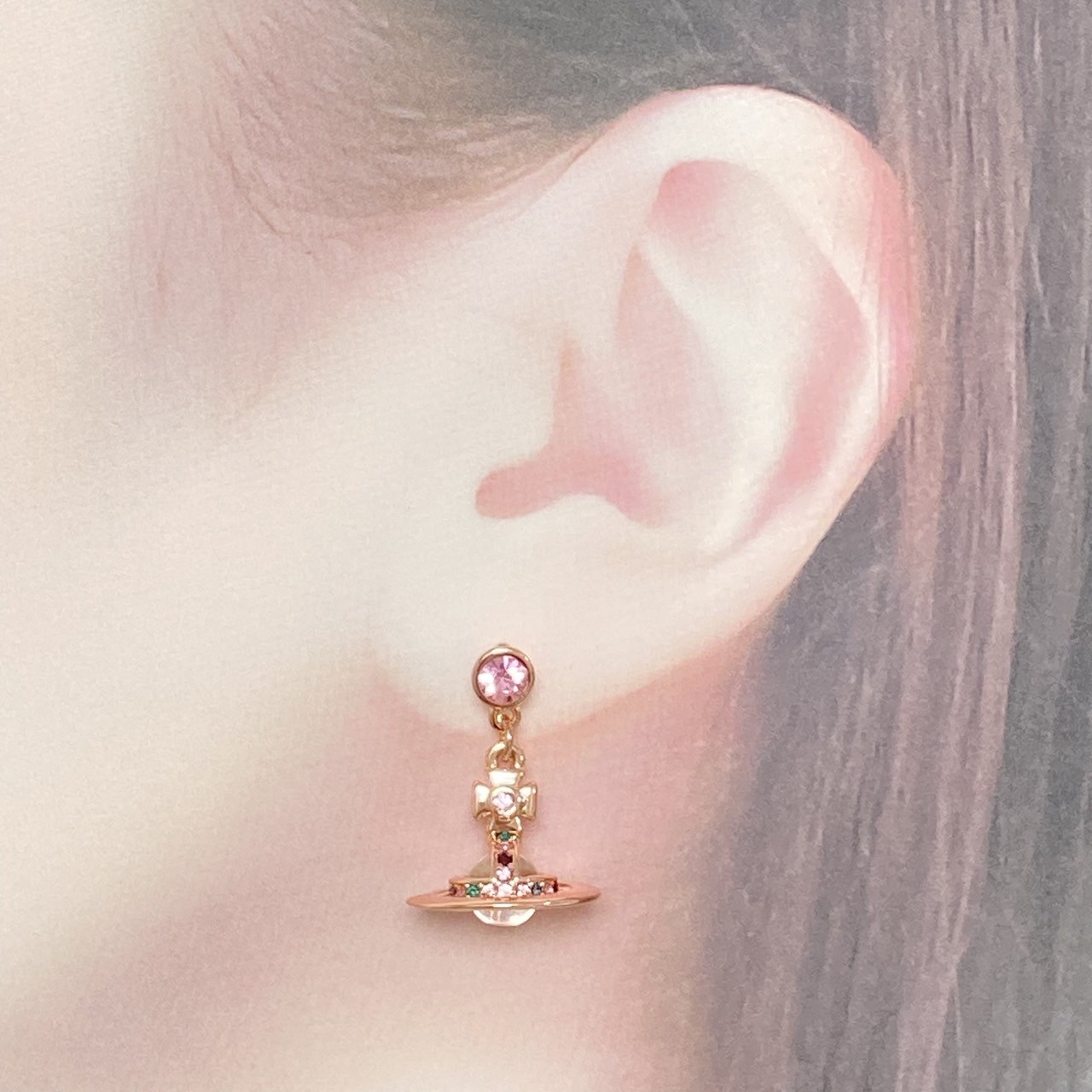 Vivienne Earrings Petit Orb Rose Pink Gold Clear 2.5 x 1.4cm IN BOX