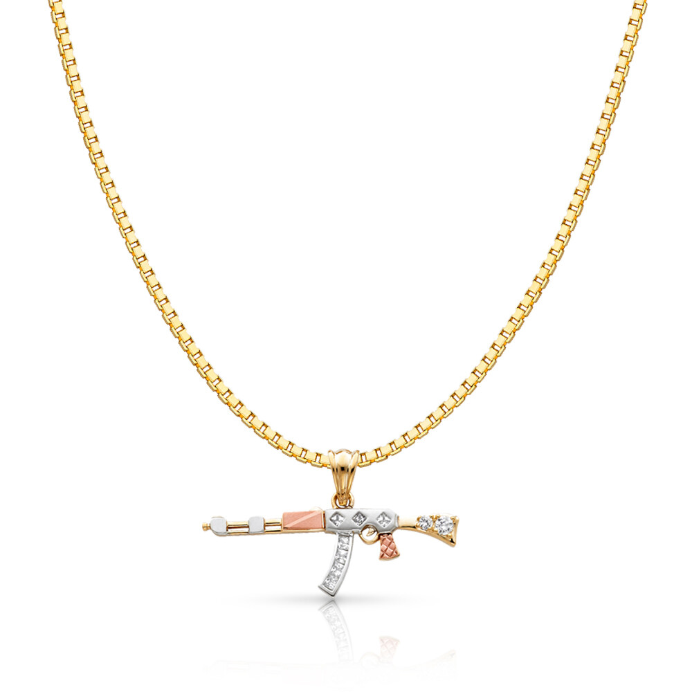 14K Tri Color Gold CZ Rifle Gun Charm Pendant & 1.2mm Box Chain Necklace