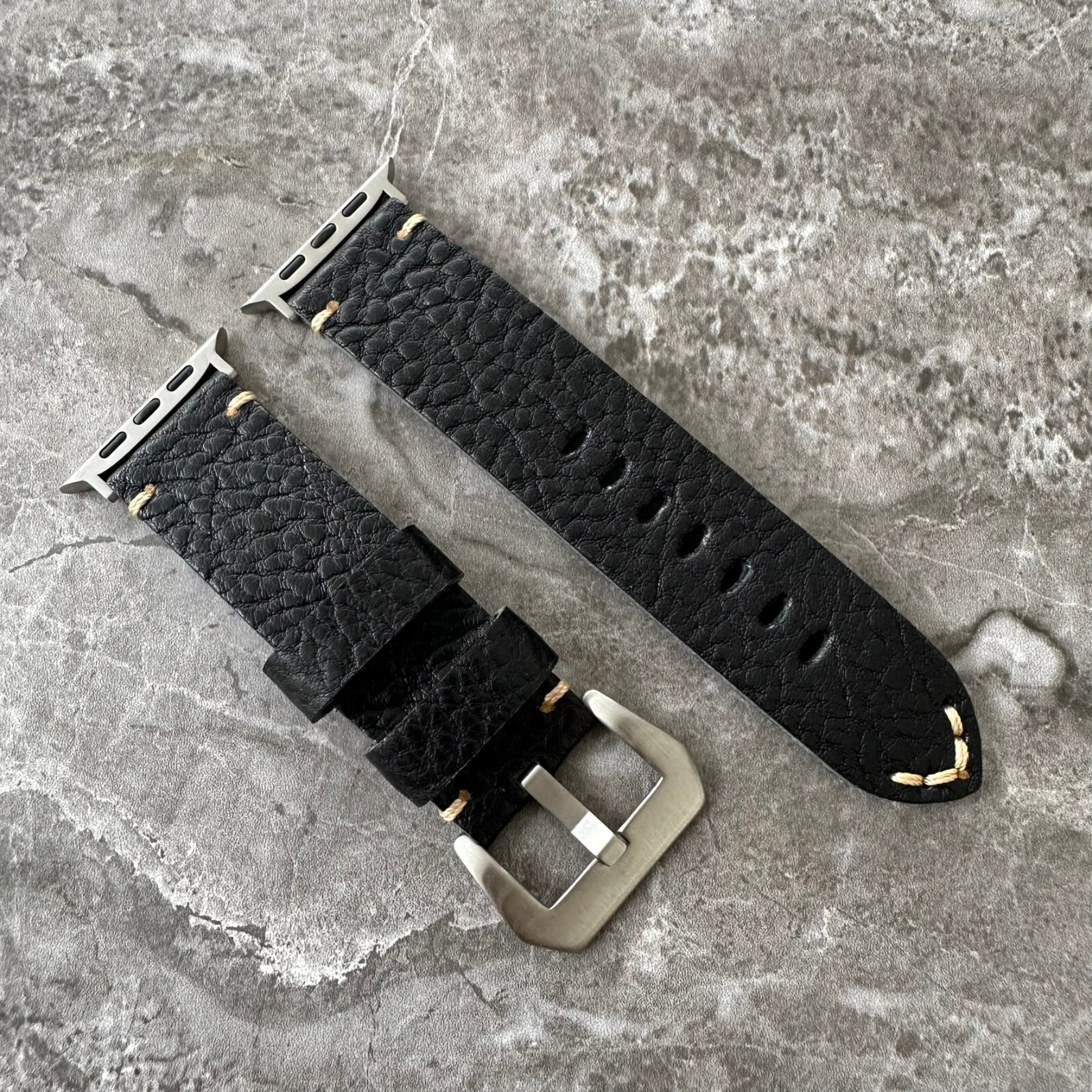 Thick Lychee Dark Black Leather Watch Strap Band For Apple Watch Ultra 1 2 49mm