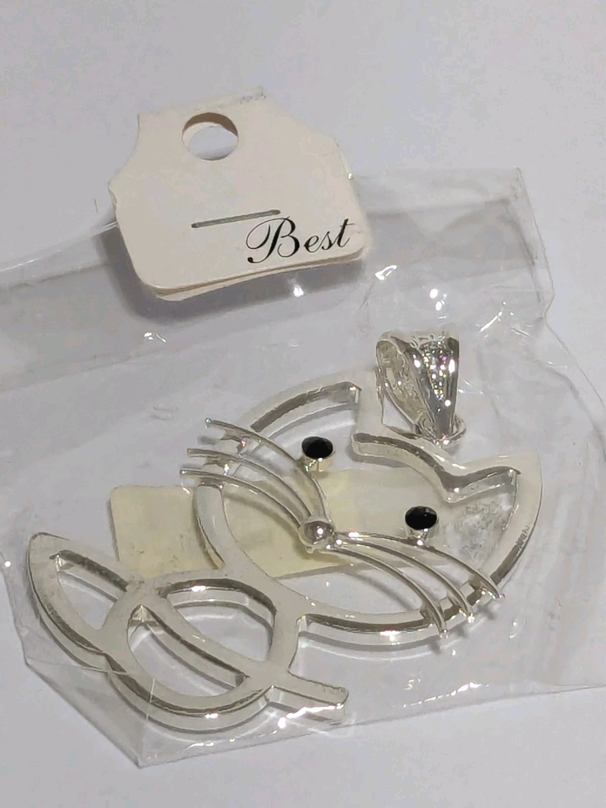 NWT Best Silver Tone Outline Cat Pendant With Black Faceted Acrylic Eyes. 2.25″