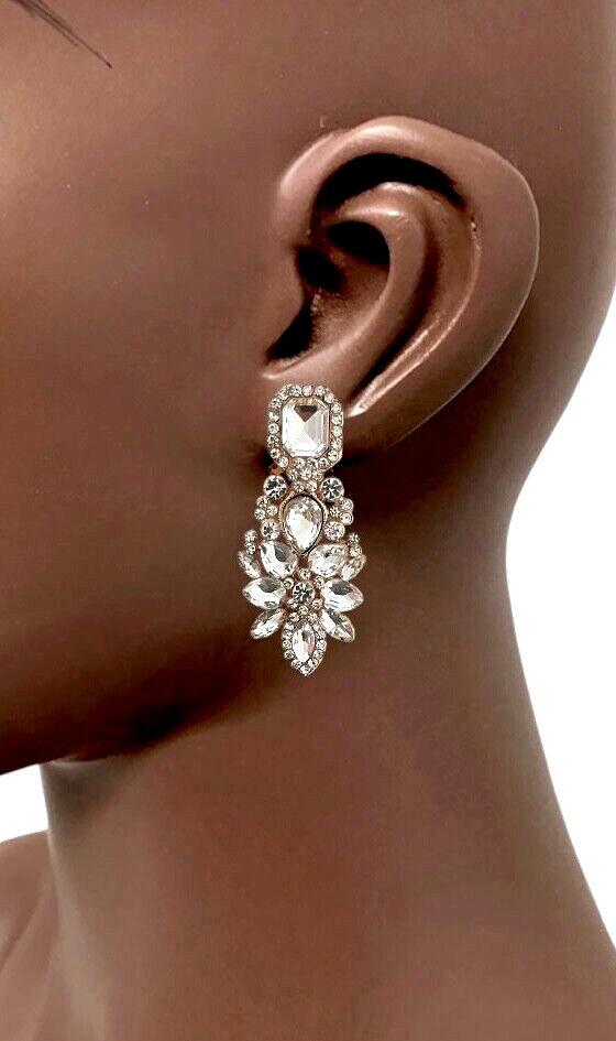 2″ Long Clip On Elegant Evening Party Earrings Clear Colorless Glass Crystals