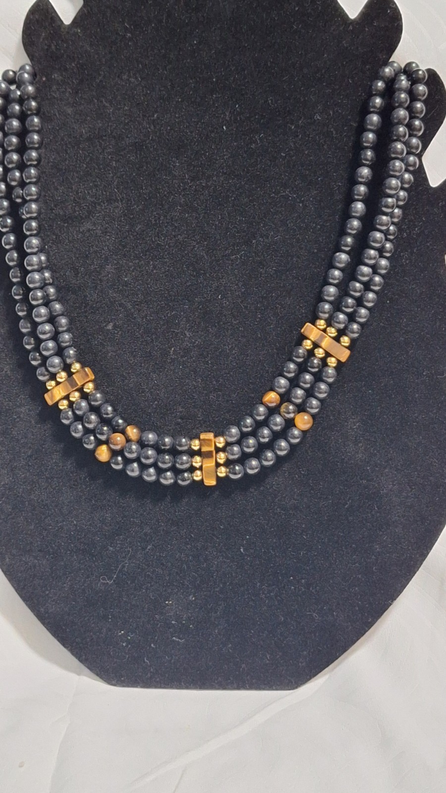 Black Glass Beaded Multi-Strand Statement Necklace Gold Tone Lobster Clasp