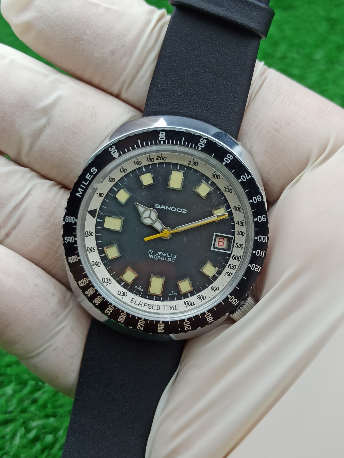 HYPER-RARE SANDOZ JUMBO DIVER BLACK WATCH MECHANICAL SWISS 1970s