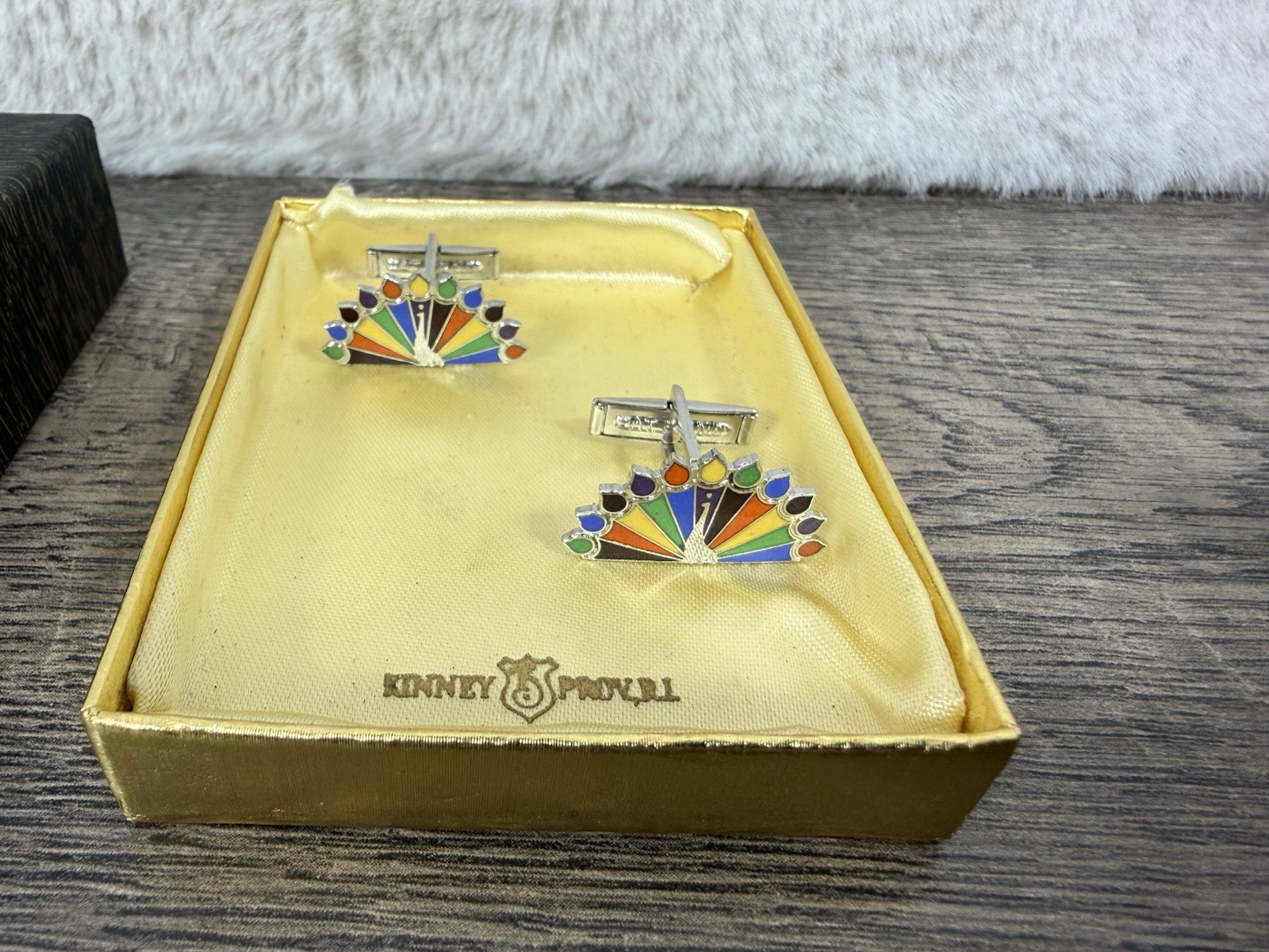 Vtg NBC Peacock Cufflinks Kinney Co Enamel In Living Color Logo Employee NOS
