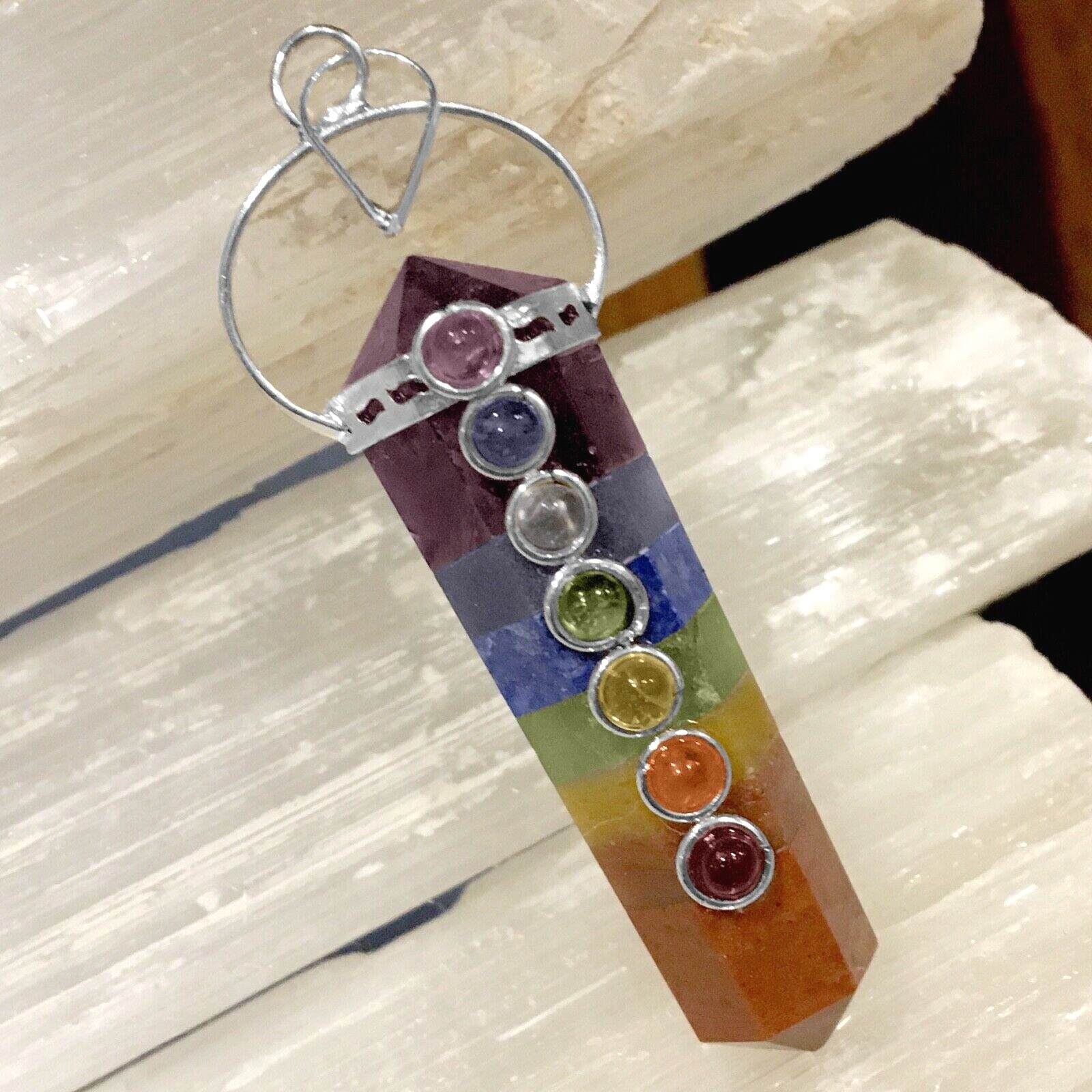 Rainbow Chakra Crystal Double Point Pendant 7 Bonded Stone Necklace Reiki Healin
