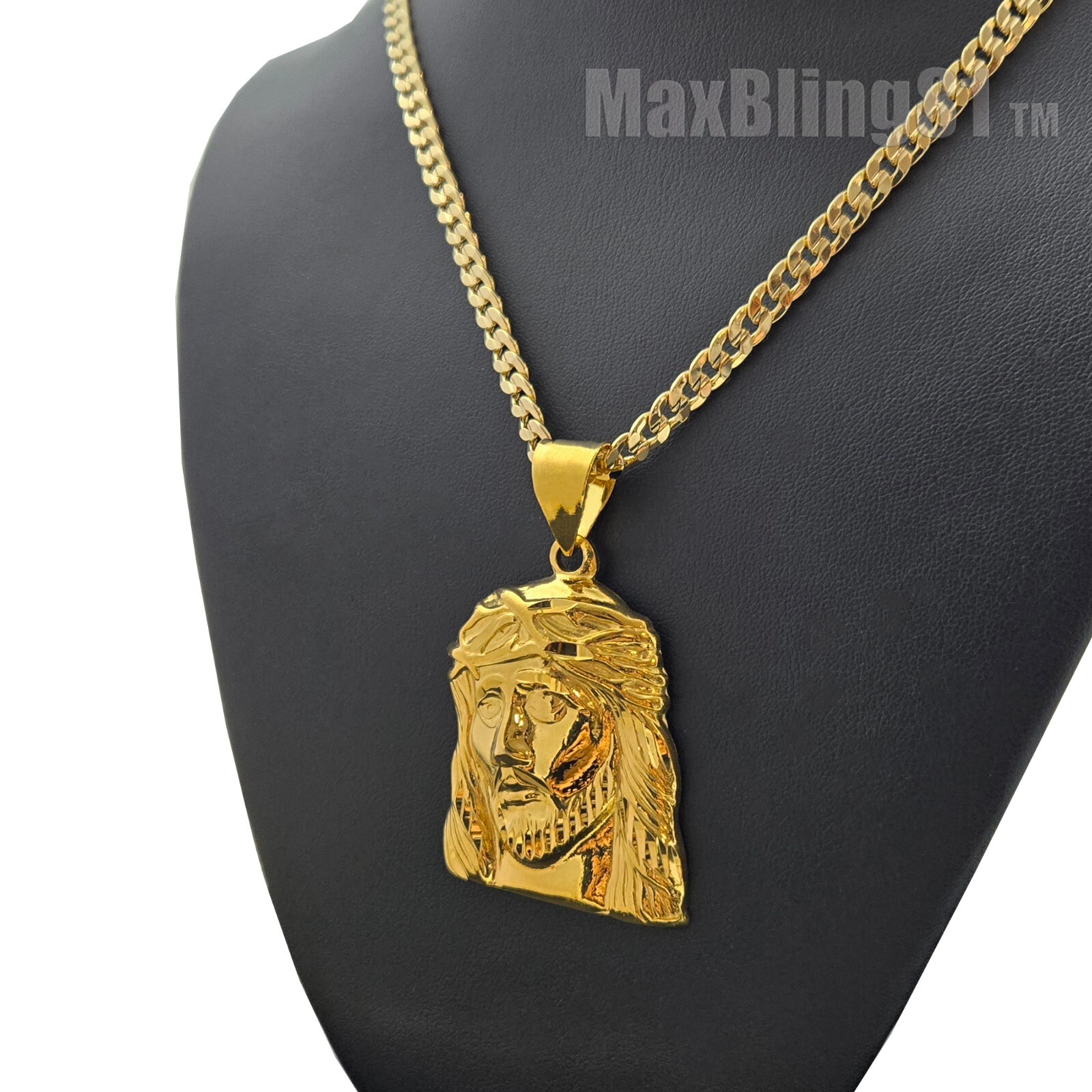 Brass Jesus Portrait Holy Gold Plated Pendant & 14K Stamped Cuban Chain Necklace