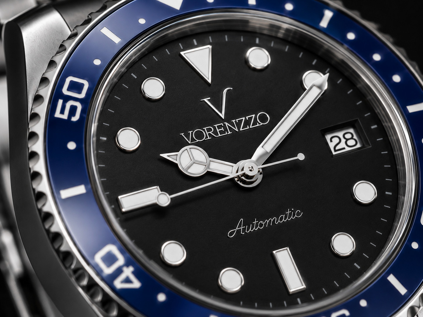 VORENZZO Automatic Diver Watch Sapphire Crystal Black Dial Blue Bezel