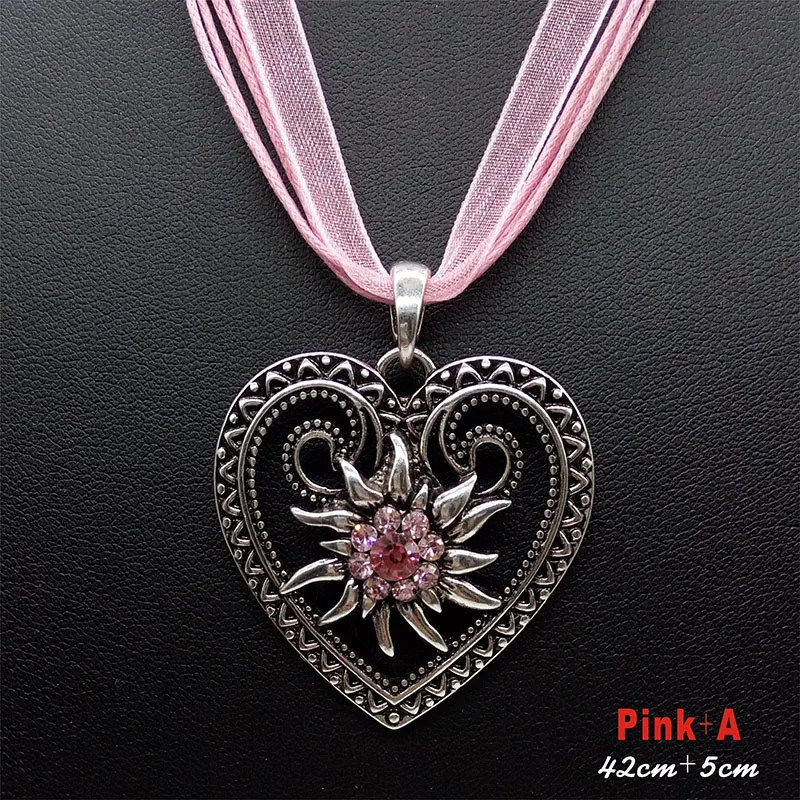 New Vintage Heart Edelweiss Flowers Necklace Organza Ribbon Pendant Women