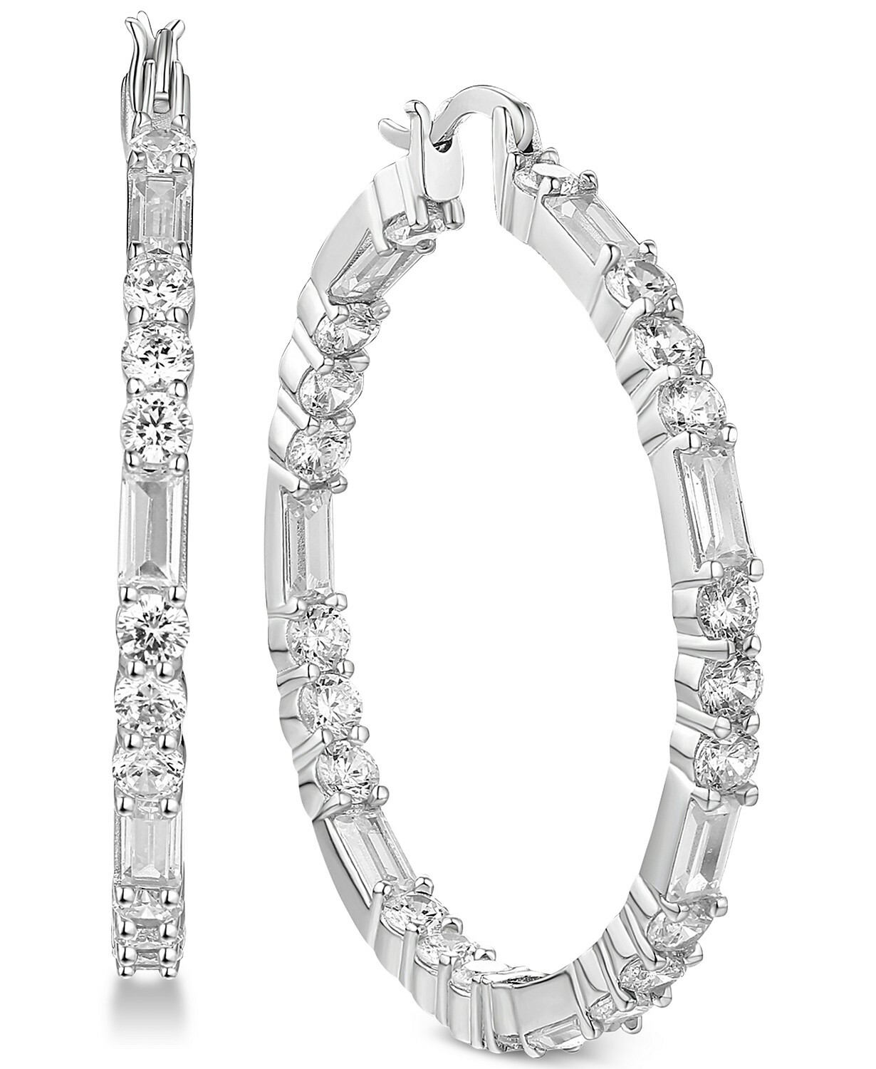 MACYS Tiara Cubic Zirconia Baguette Large Medium Hoop Earrings Sterling Silver