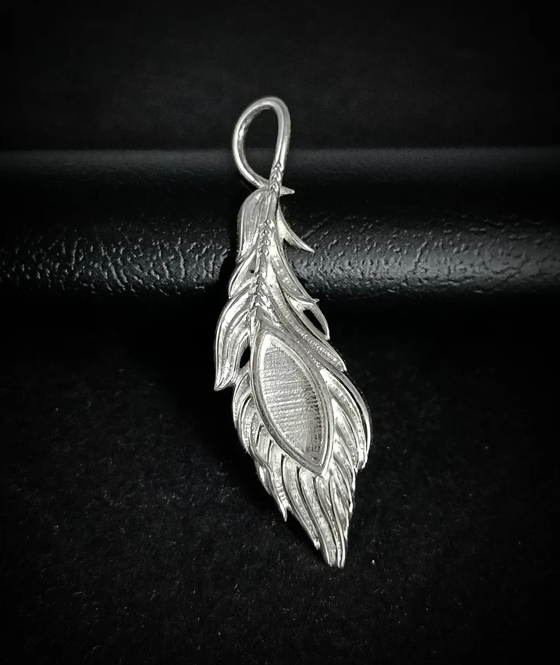 4x10mm Marquise & 37mm Feather Pendant 925 Silver Blank Bezel for Resin Jewelry