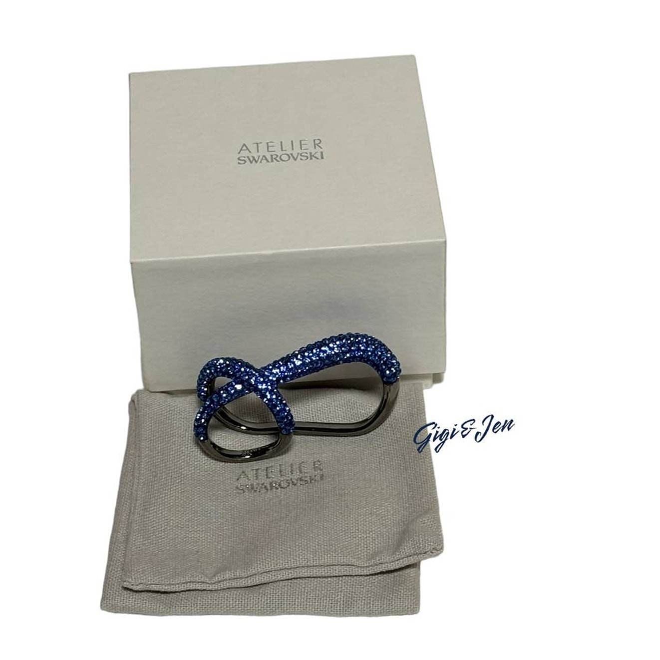 Swarovski Tigris double ring Blue, Ruthenium plated Size 55/7 USA – Damage Box