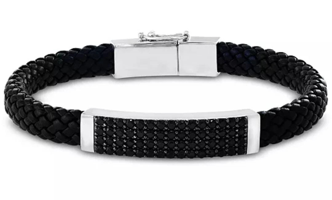 EFFY Mens Braided Black Leather Bracelet 925 Silver Black Spinel Steel Clasp