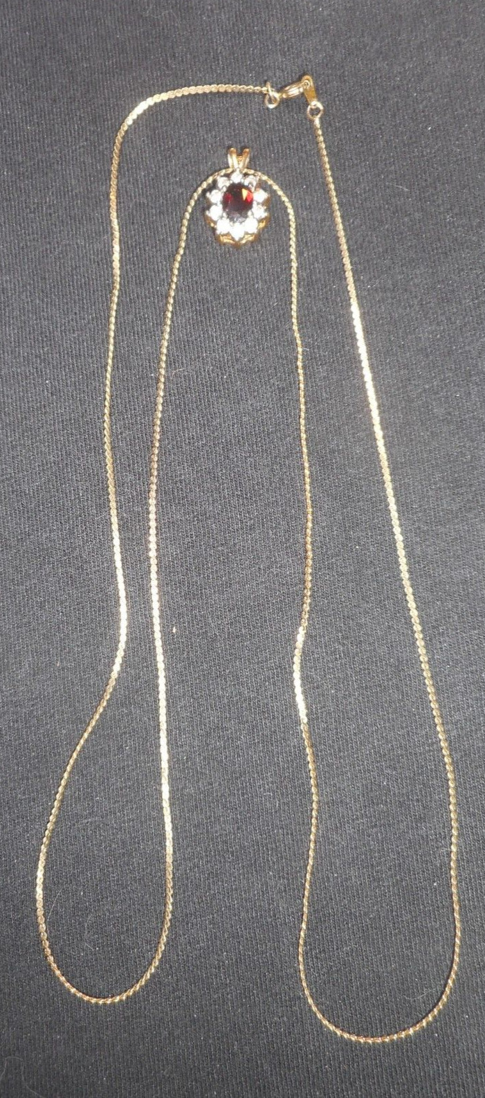 Necklace Pendant Gold Tone Ruby Faceted Rhinestone Halo Korea Chain 15 1/2in