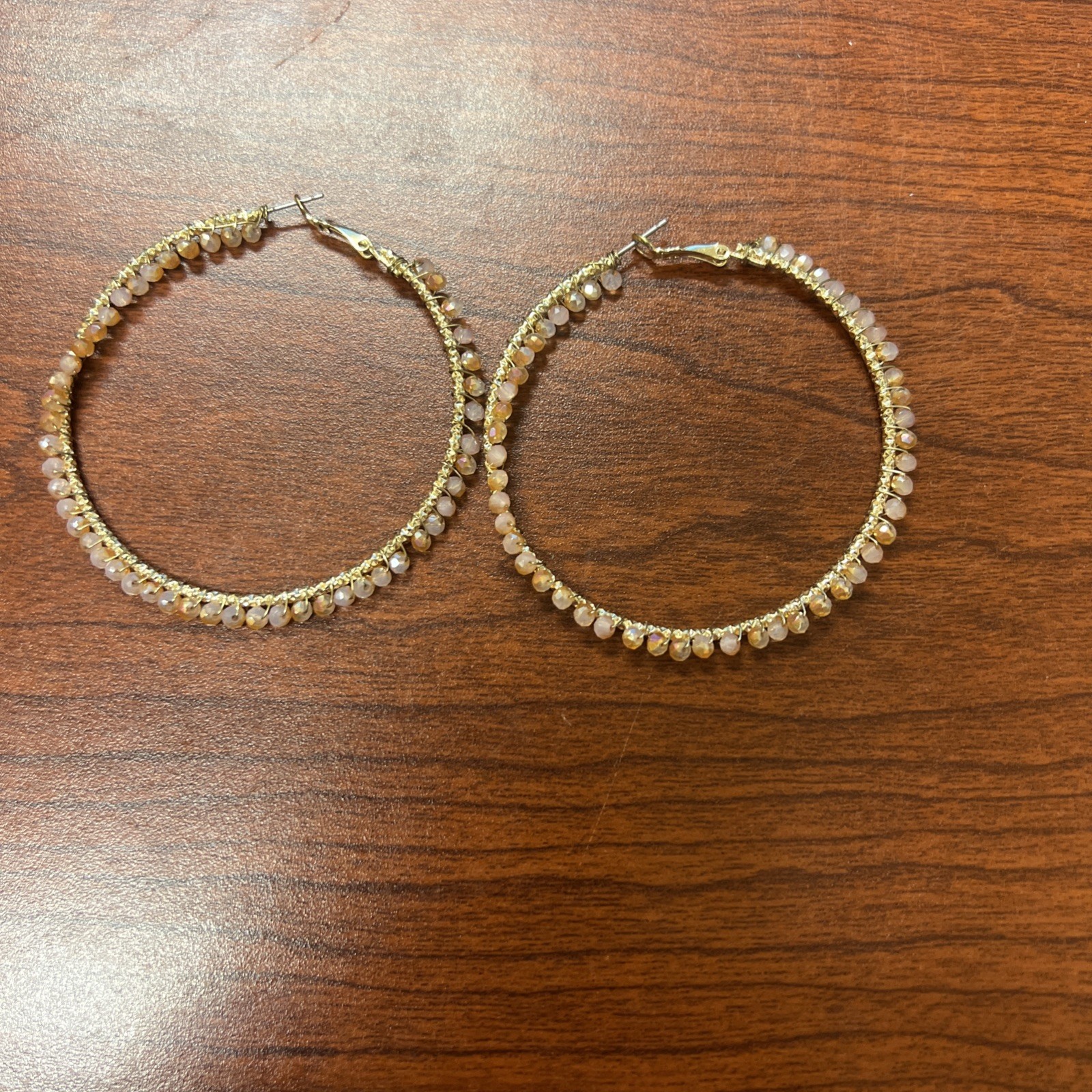 Pinkish Iridescent Beads Party Earrings Hoop Pink And Gold