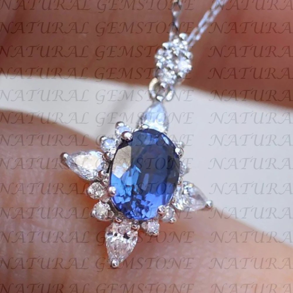 6.80Carat Oval Shape Natural Sapphire and Diamond Pendant 18K White Gold Plated