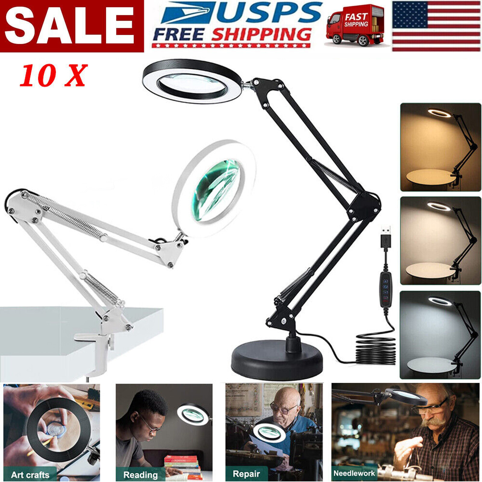 10X Magnifying Glass Desk Light Magnifier LED Lamp Reading Lamp With Base&Clamp