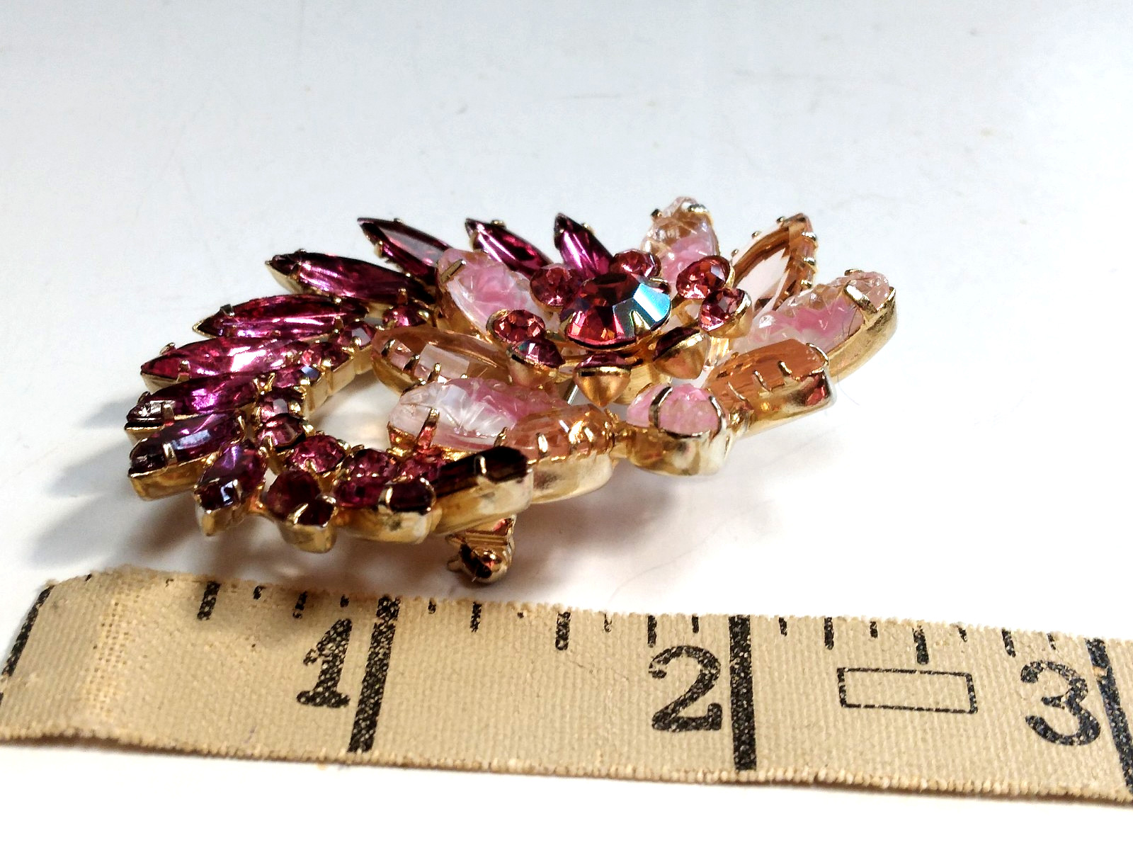 Juliana Pink Brooch Givre Lava Glass Dark Pink Navetts Gold Tone Rivet Prong Set