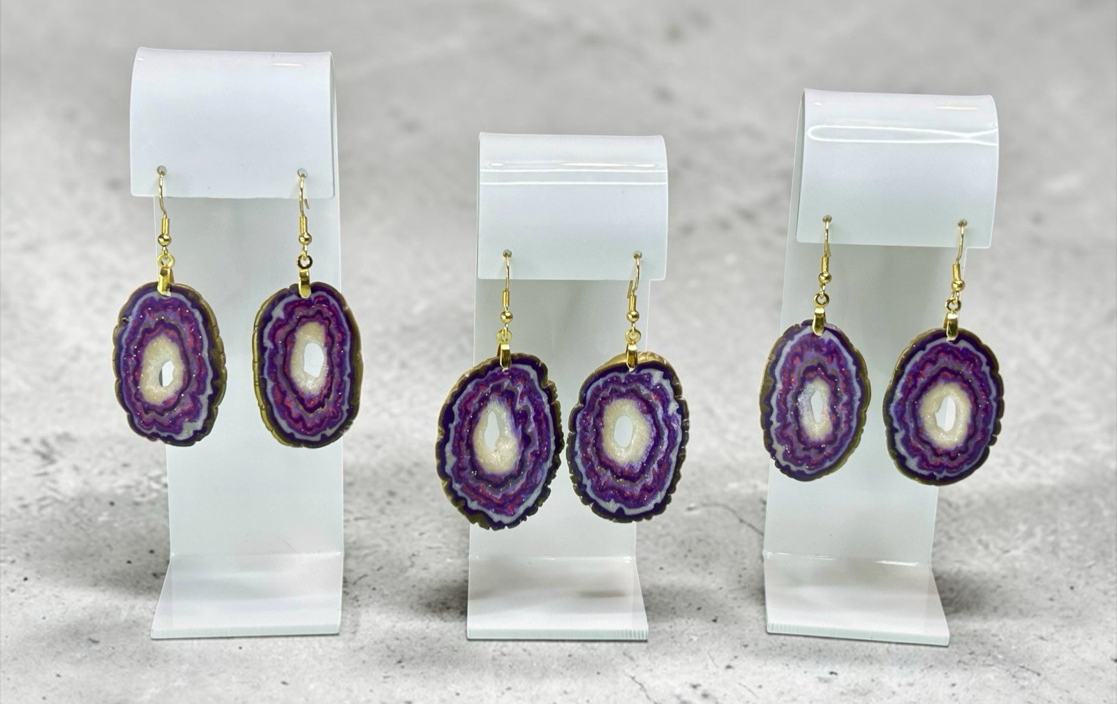 Med Faux Amethyst Geode Slice Polymer Clay Handmade Dangle Earrings SS Ear Wires