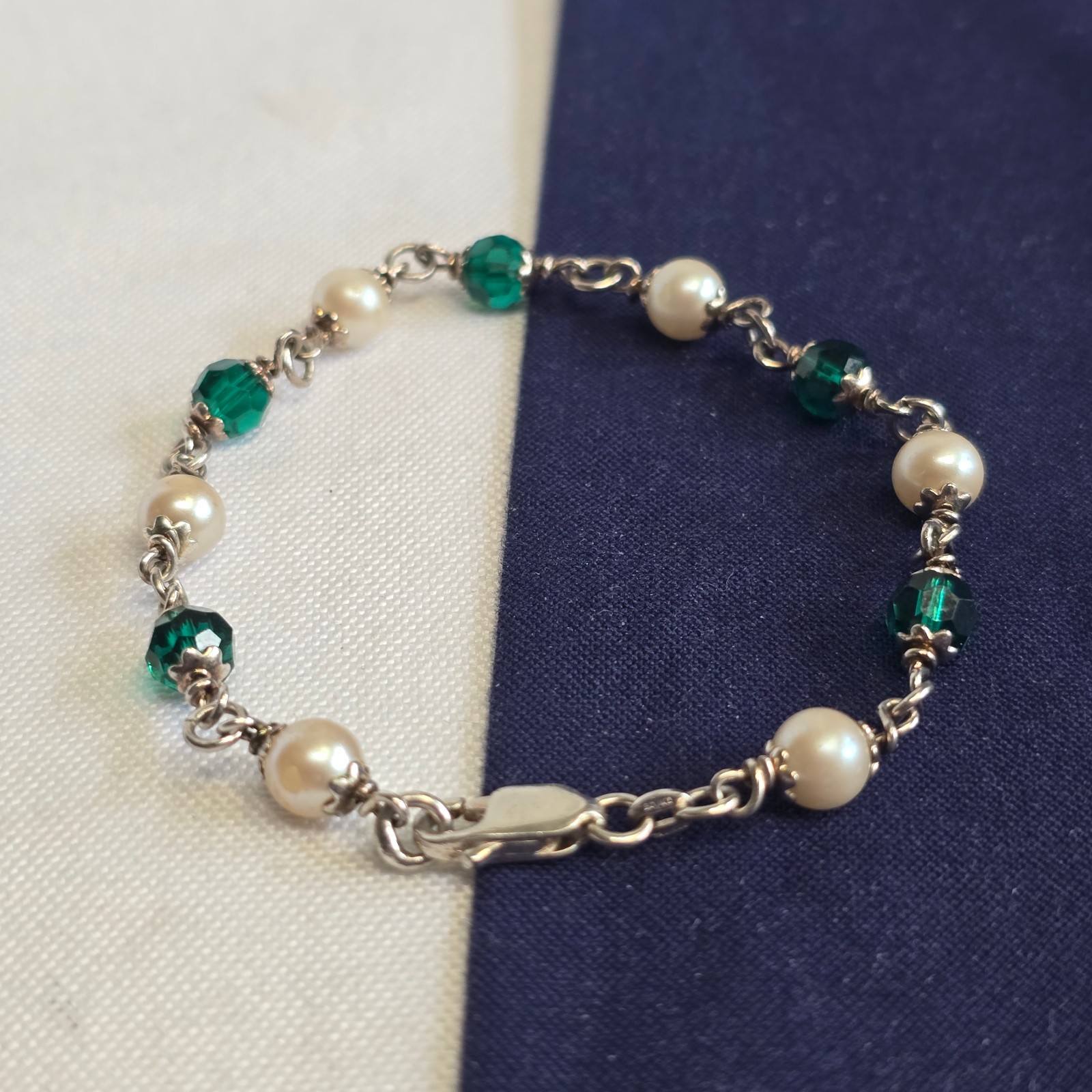 Sterling Silver Bracelet 7.36g Jewelry 7.5″ Faux Pearls & Green Stones *READ*