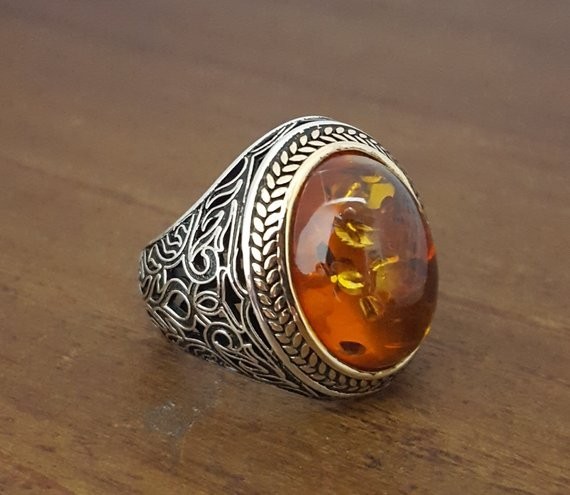Solid 925 Sterling Silver Natural Baltic Amber Gemstone Signet Men’s Unisex Ring