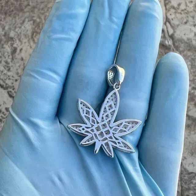 2Ct Round Cut Real Moissanite Marijuana Weed Leaf Pendant 14K Gold Plated