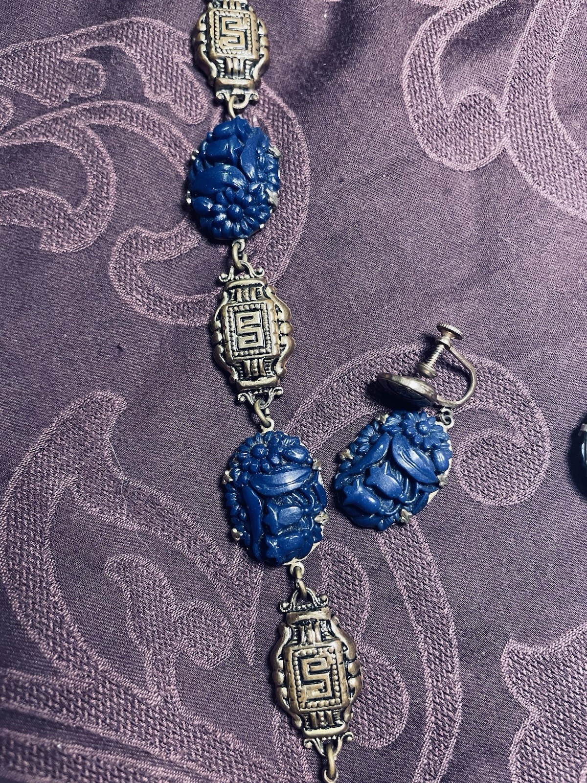 Antique Art Deco Blue Molded Glass Bracelet Screw Earrings Egypt Gold Tone Set