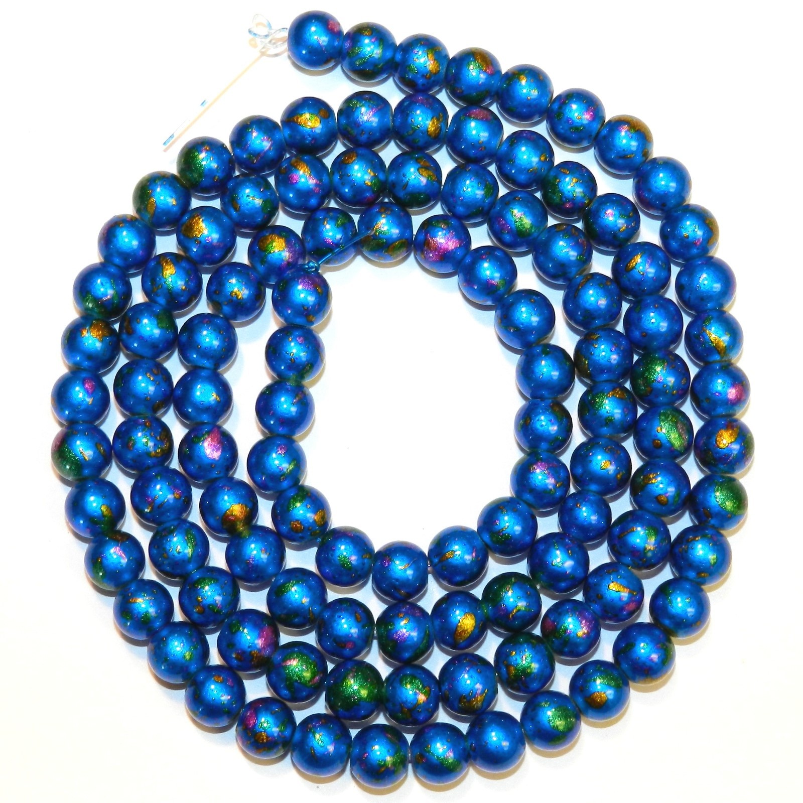 G4266 Blue Metallic Multi-Color Graffiti Drawbench 8mm Round Glass Beads 31″