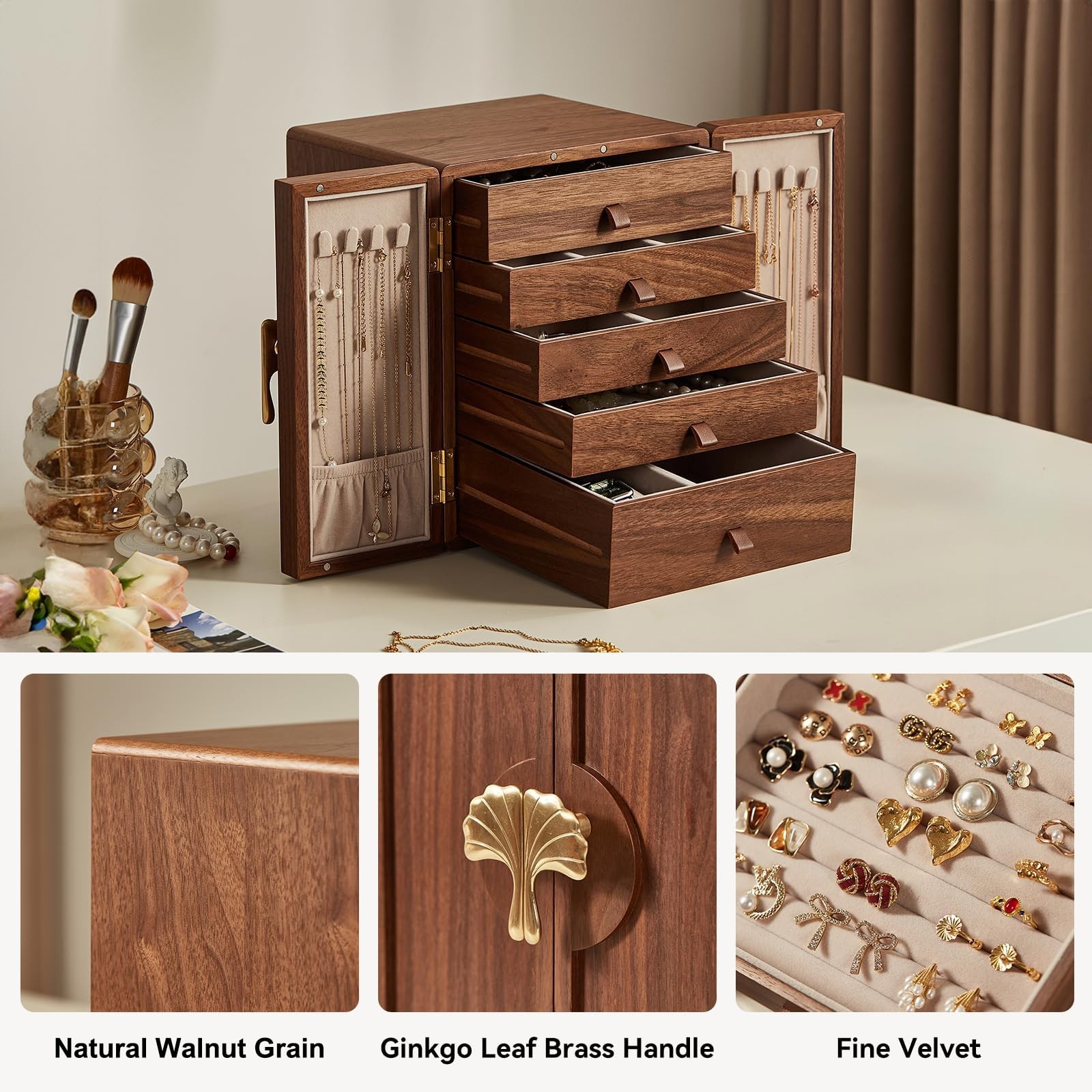 Black Walnut Wooden Jewelry Box 5 Layer Large Wood Jewelry Organizer Brass Ha…