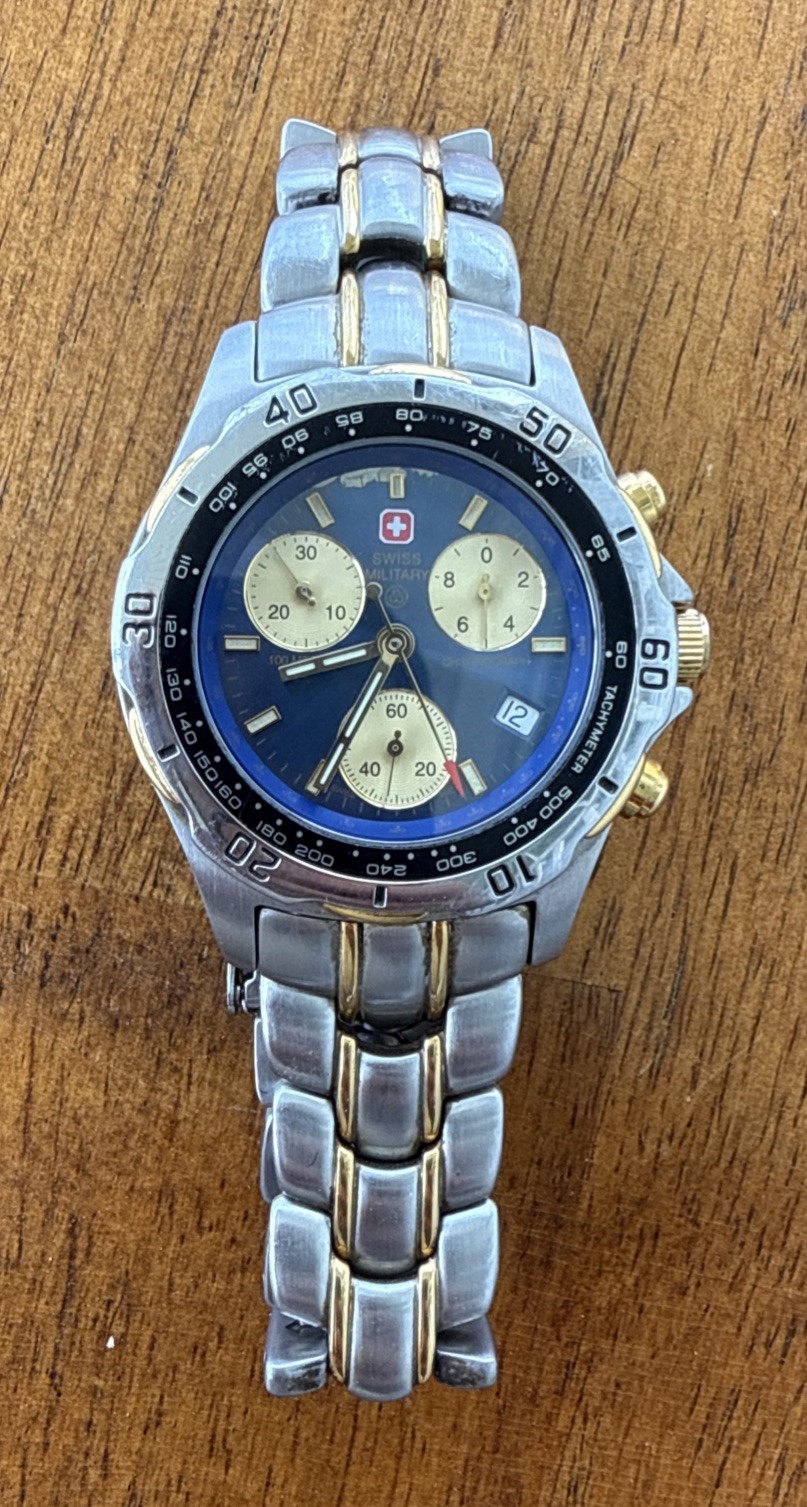 Swiss Military Hanowa Blue/Gold Dial Watch 6-509 Sapphire Crystal Chronograph