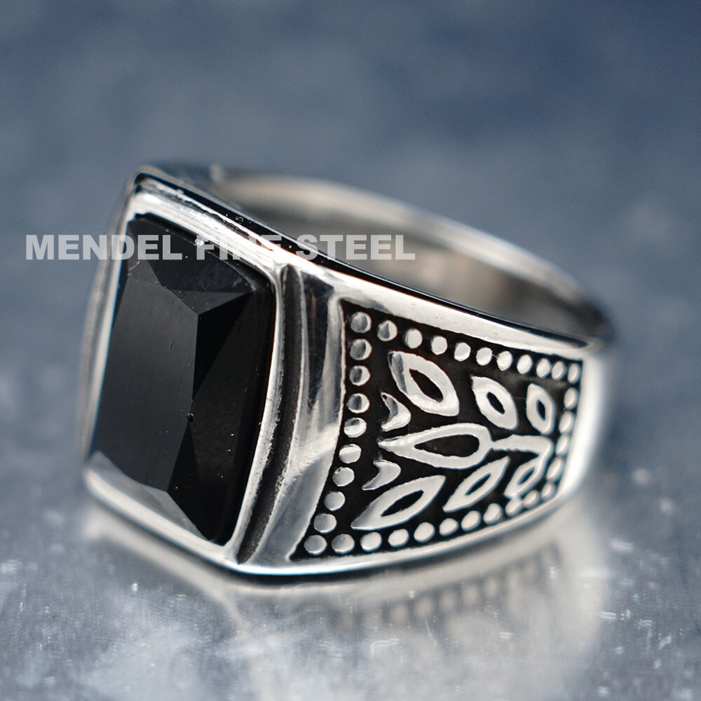 MENDEL Mens Gold Plated Stainless Steel Black Obsidian Stone Ring Men Size 7-15