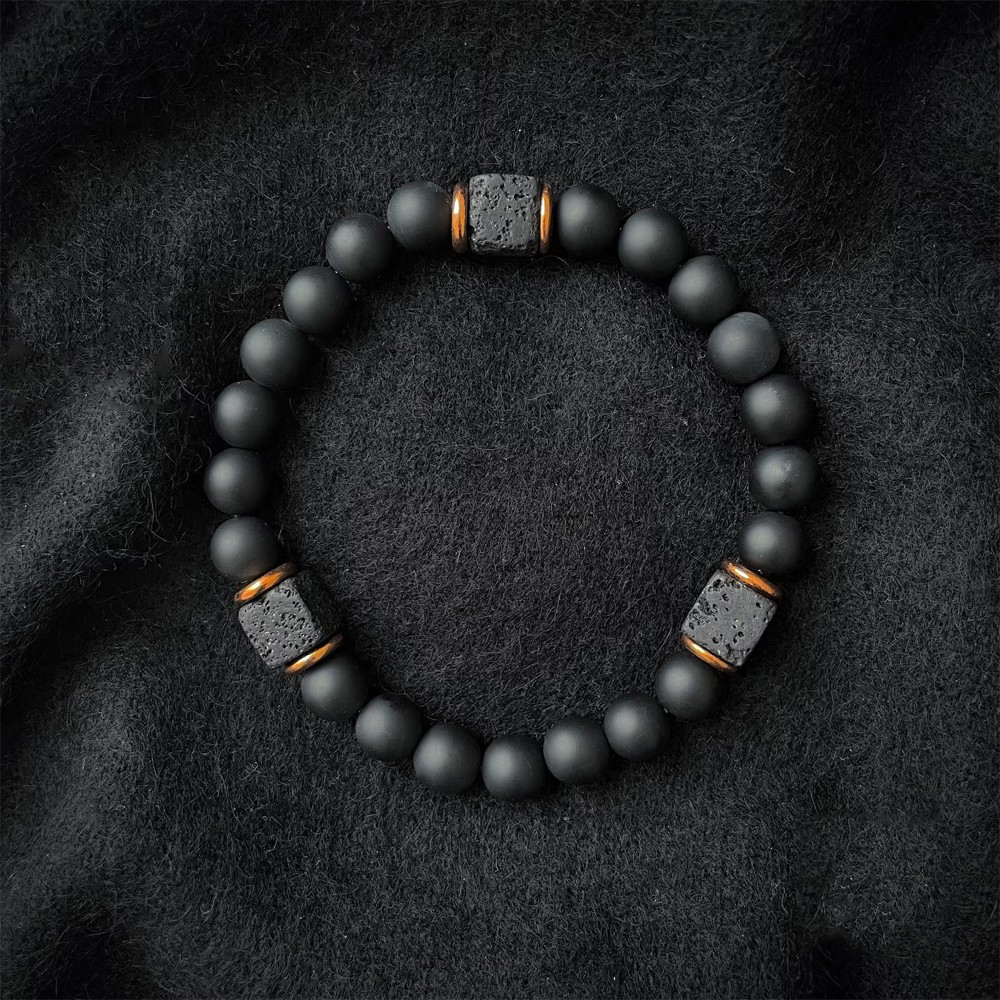 Mens Premium Matte Black Onyx with Lava Beads Grounding Protection Bracelet NEW