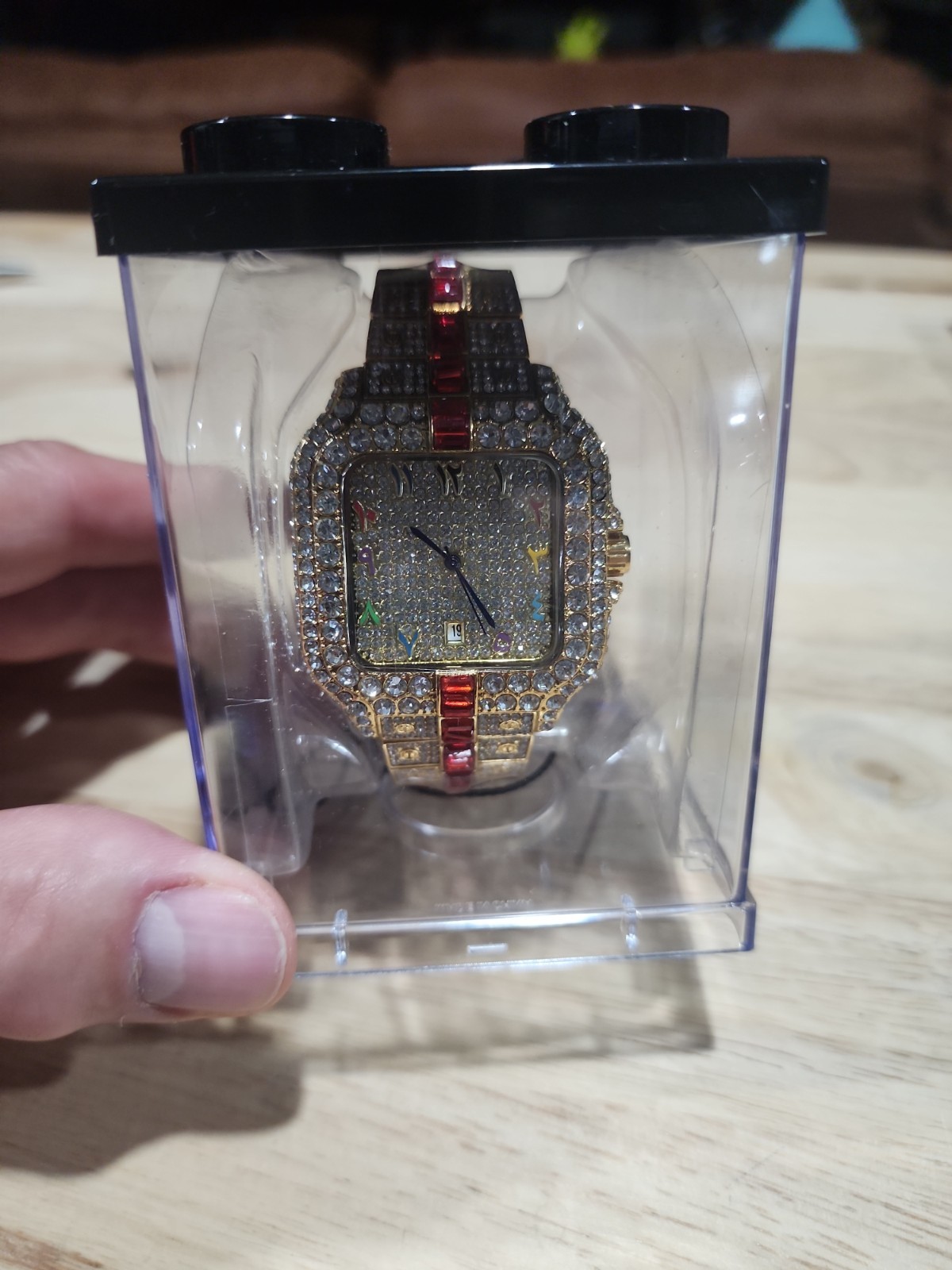 Men’s Fully Iced Out Quality Watch Bling Gold Simulated Diamond Red Stripe