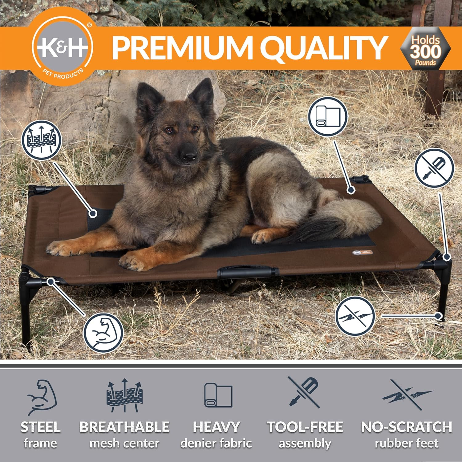 K&H Outdoor Elevated Dog Bed, Cooling Raised Dog Bed, Chocolate, XL 50X32In | Pe