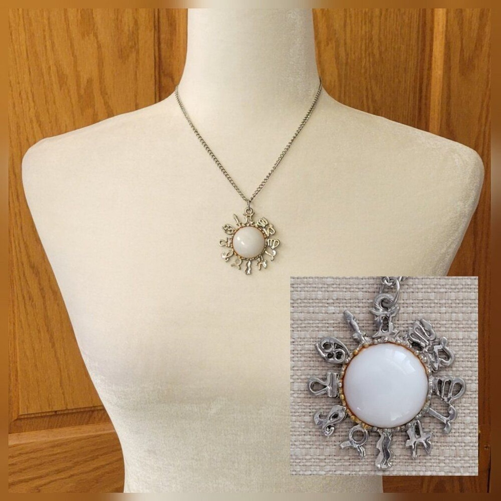 VTG Zodiac Pendant Necklace White Cabochon Astrology Silver Tone Chain Boho Chic