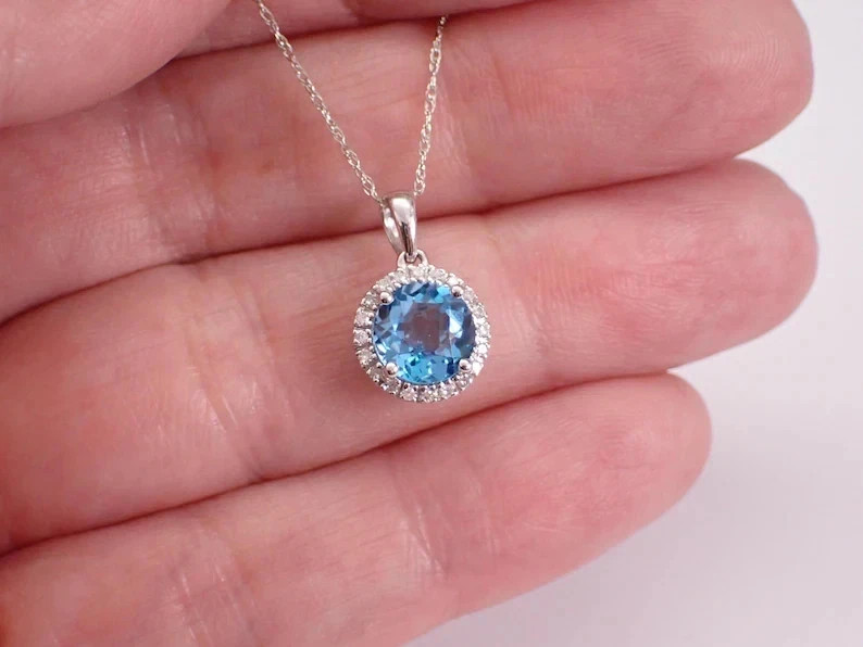 2.00Ct Round Cut Simulated Blue Topaz Halo Pendant Chain 14k White Gold Plated