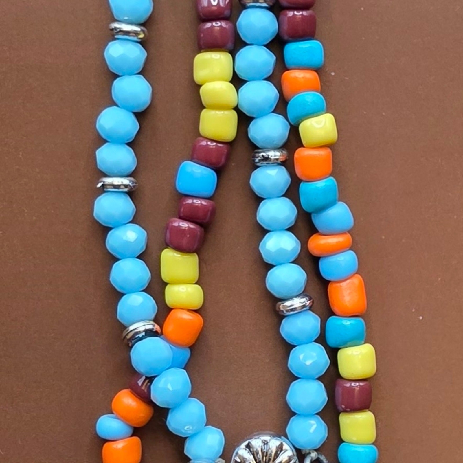 Boho Silver Bull Pendant Beaded Necklace in Turquoise & Orange