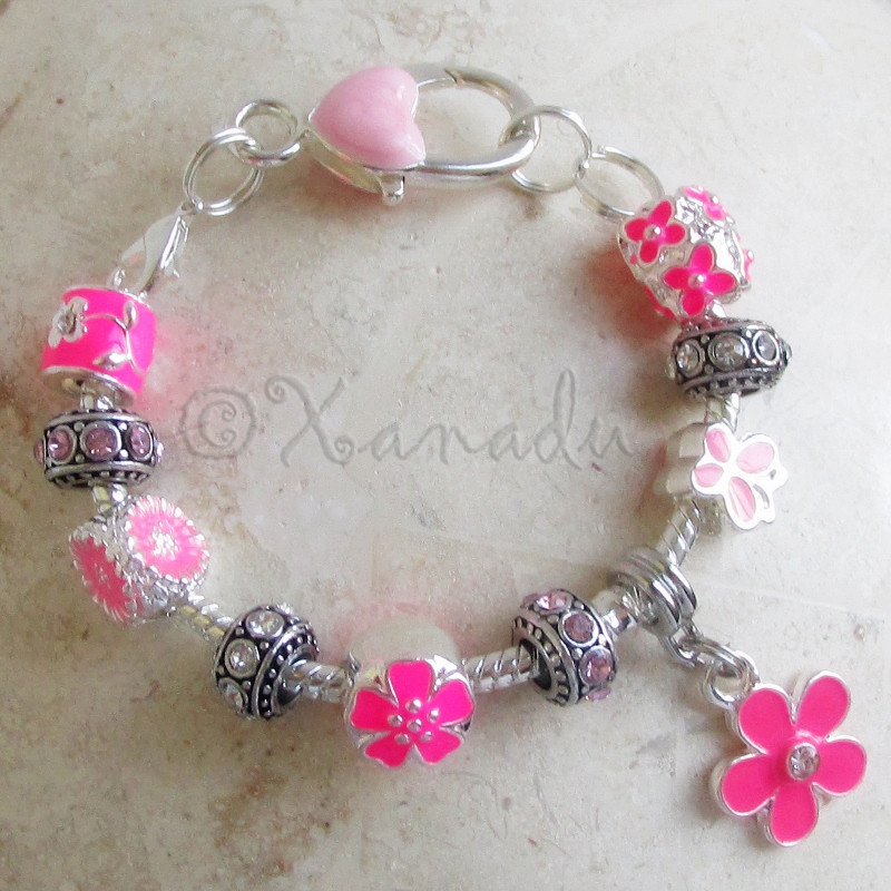 Pink Flower Garden European Charm Bracelet With Pink And Fuchsia Floral Beads