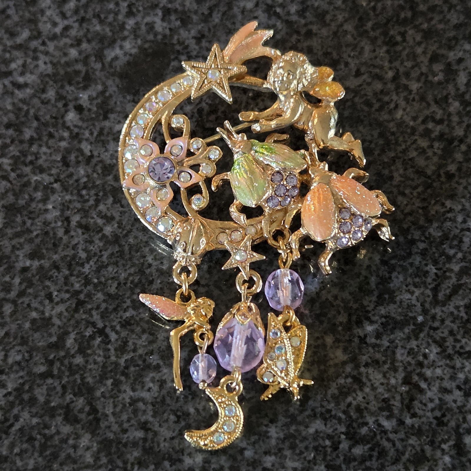 Kirks Folly Fairy Fireflies Brooch Pin Dangle Stars Moon Flowers Flies Whimsy
