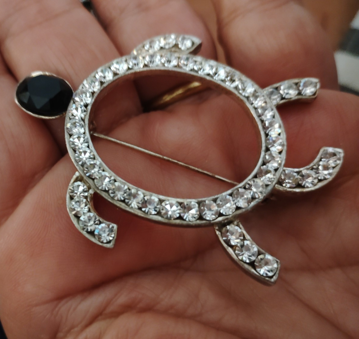 Silver Tone Turtle Brooch Pin Clear Round Pavé Rhinestones Black Accent