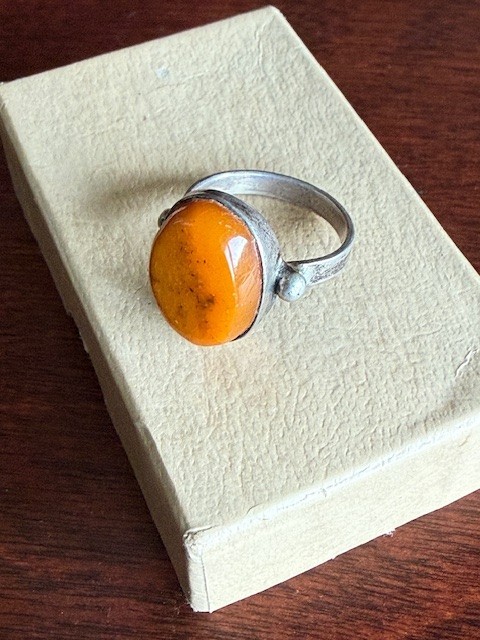 Vintage Sterling Silver 925 Baltic Egg Yolk Oval Amber Cabochon Ring 1960’s sz 7